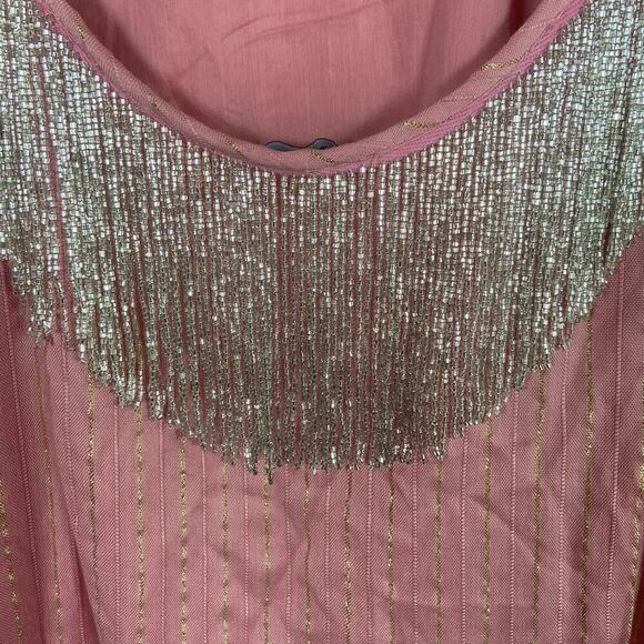 Boston Proper Dress Womens Large Pink Gold Striped Beaded Silver Fringe Low Back - Picture 5 of 15